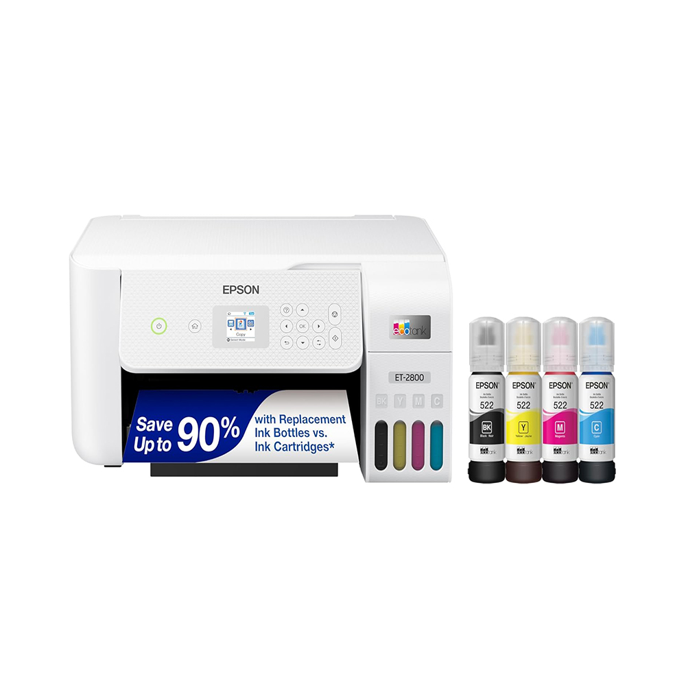Epson EcoTank ET-2800 Wireless Color All-in-One Cartridge-Free Supertank Printer with Scan and Copy The Ideal Basic Home Printer – White, Medium